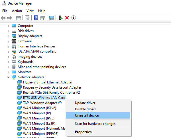 Uninstall wireless network adapter