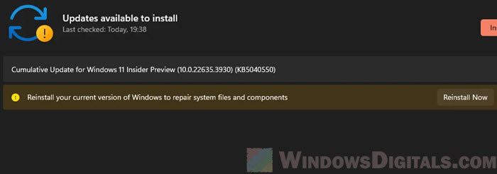 Windows 11 Reinstall Now to repair system files in Windows Update