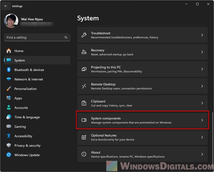 Windows 11 System components settings