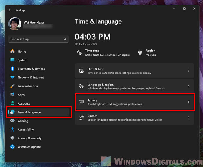 Windows 11 Time and language Typing Settings