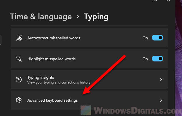 Windows 11 Typing Advanced keyboard settings