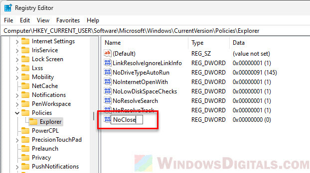 Windows 11 home user disable shutdown registry