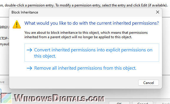 Windows 11 remove all inherited permissions from this object