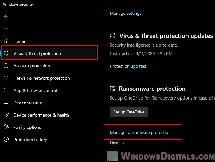 Windows Defender Manage ransomware protection