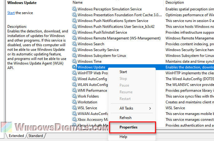 Windows Update service Properties